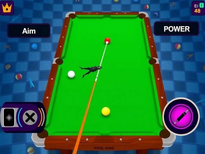 Pool King gameplay screenshot showing aim and power controls