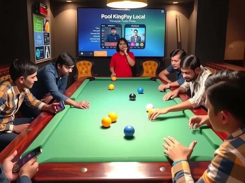 Indian players at a Pool King local meetup, playing on mobile devices