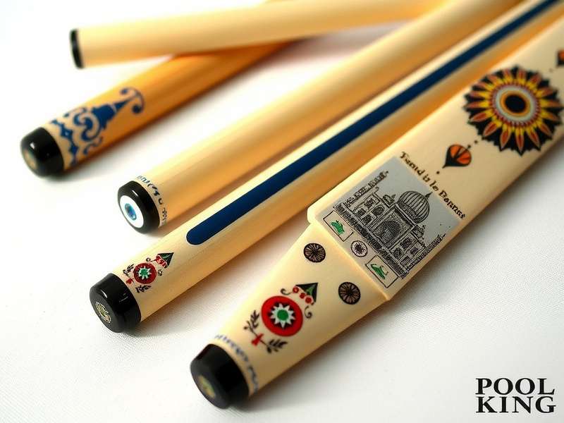 Pool King Indian-themed cues with rangoli and Taj Mahal designs
